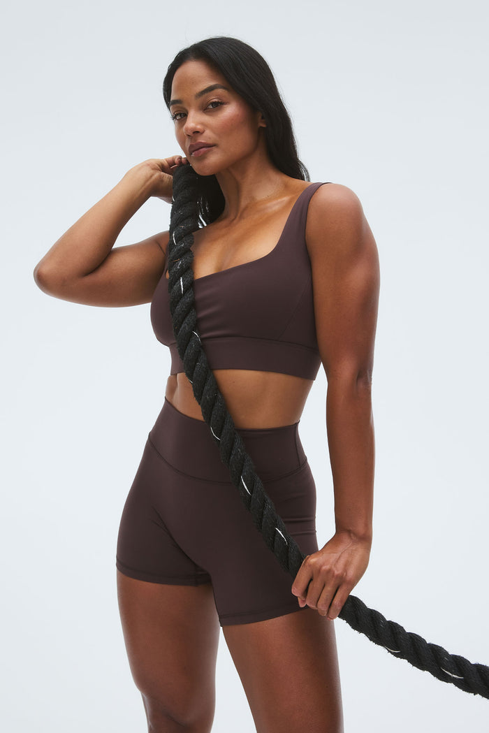 Front view of Elysian Short 4.5 inch in Espresso showcasing high-waist fit and 4.5-inch inseam on light background
