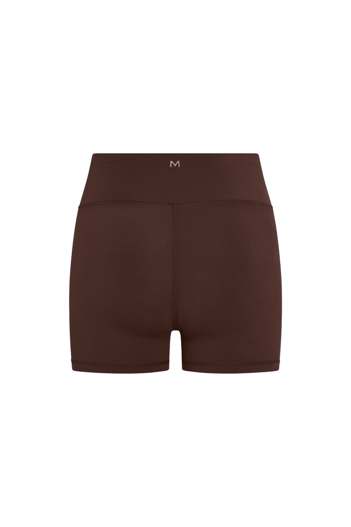 Rear view of Elysian Short 4.5 inch in Espresso showing high waist, center back seam, and 4.5 inch inseam on white background