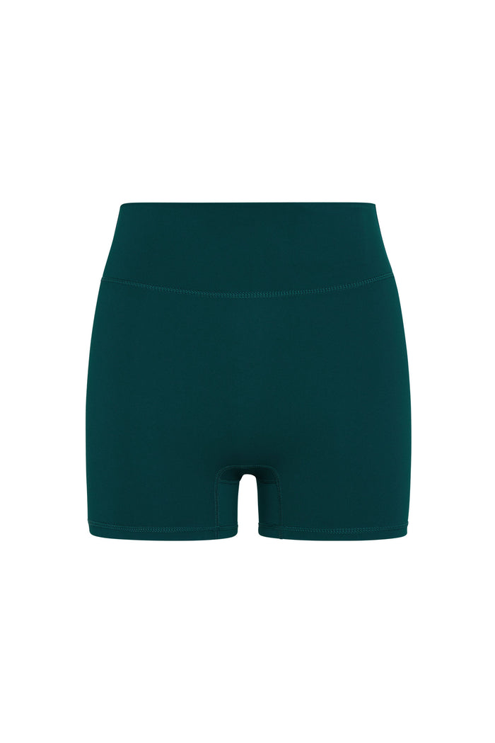 Teal high-waisted form-fitting bike shorts with short inseam and flatlock stitching