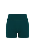 Teal high-waisted form-fitting bike shorts with short inseam and flatlock stitching