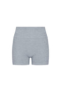 Front view of Elysian Short 4.5-inch in heather grey showing high-rise wide waistband and 4.5-inch inseam on white background