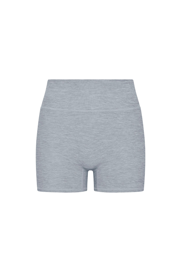 Front view of Elysian Short 4.5-inch in heather grey showing high-rise wide waistband and 4.5-inch inseam on white background