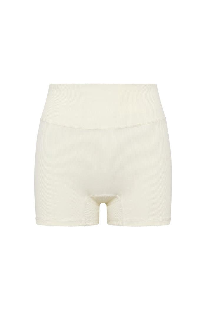 Front of Elysian Short 4.5-inch showing high-rise ribbed waistband and 4.5-inch inseam on white background