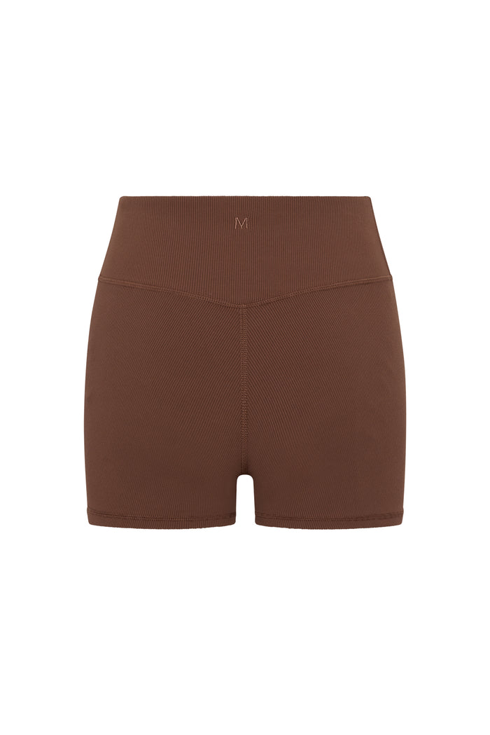 Front view of Elysian Short 4.5-inch in Cliffside ribbed fabric showcasing high-rise waistband and ribbed texture on white background
