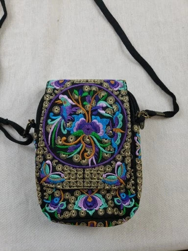 Embroidered Mini Crossbody Purse – Floral Flower Design in Purple, Green, Gold & Blue with Straps