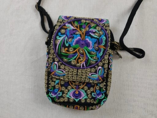 Embroidered Mini Crossbody Purse – Floral Flower Design in Purple, Green, Gold & Blue with Straps