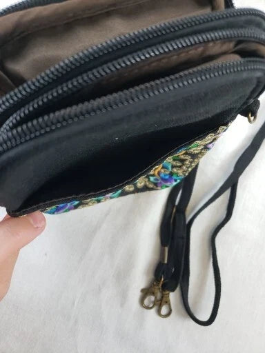 Embroidered Mini Crossbody Purse – Floral Flower Design in Purple, Green, Gold & Blue with Straps