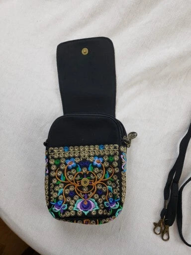 Embroidered Mini Crossbody Purse – Floral Flower Design in Purple, Green, Gold & Blue with Straps