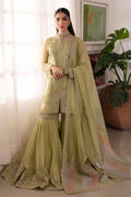 Naqshi eraj dusty‑lime organza short shirt with crystal‑embellished boat neckline, pastel‑tone sequin embroidery from neckline to mid‑slit, paired with high‑waist organza gharara.