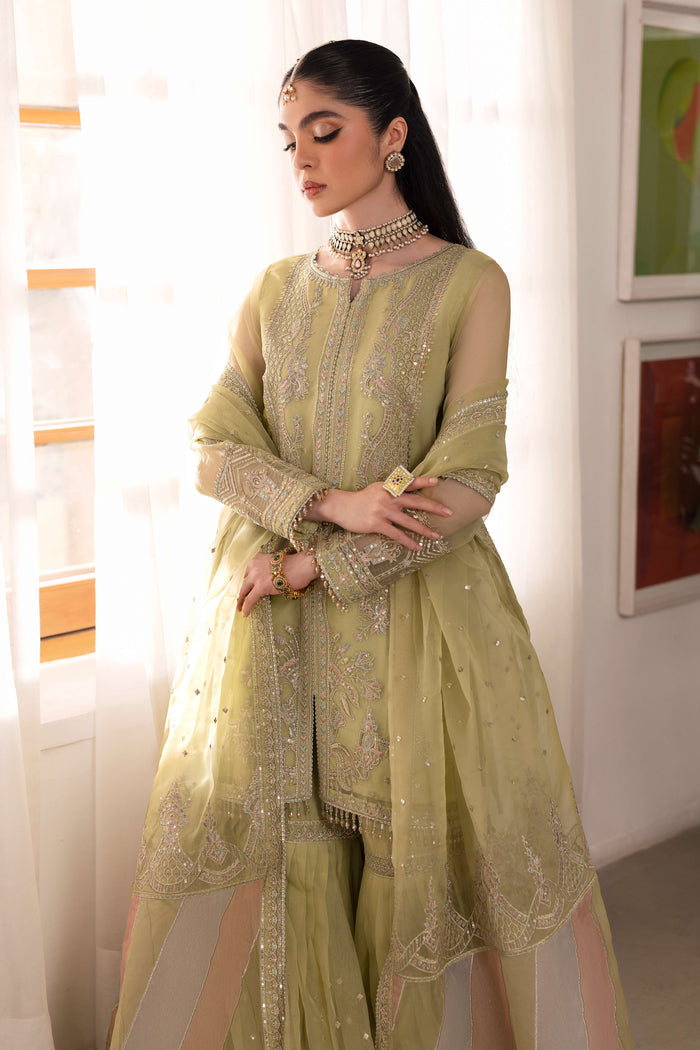 Side view of naqshi eraj showcasing fitted organza sleeves with embroidered lace borders and crystalized tassels, the cascading volume of gharara visible.