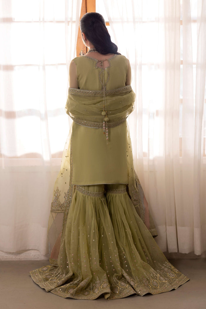 Back view of naqshi eraj short shirt featuring a plain panel balanced by heavy handmade crystal tassels swinging at the hemline.