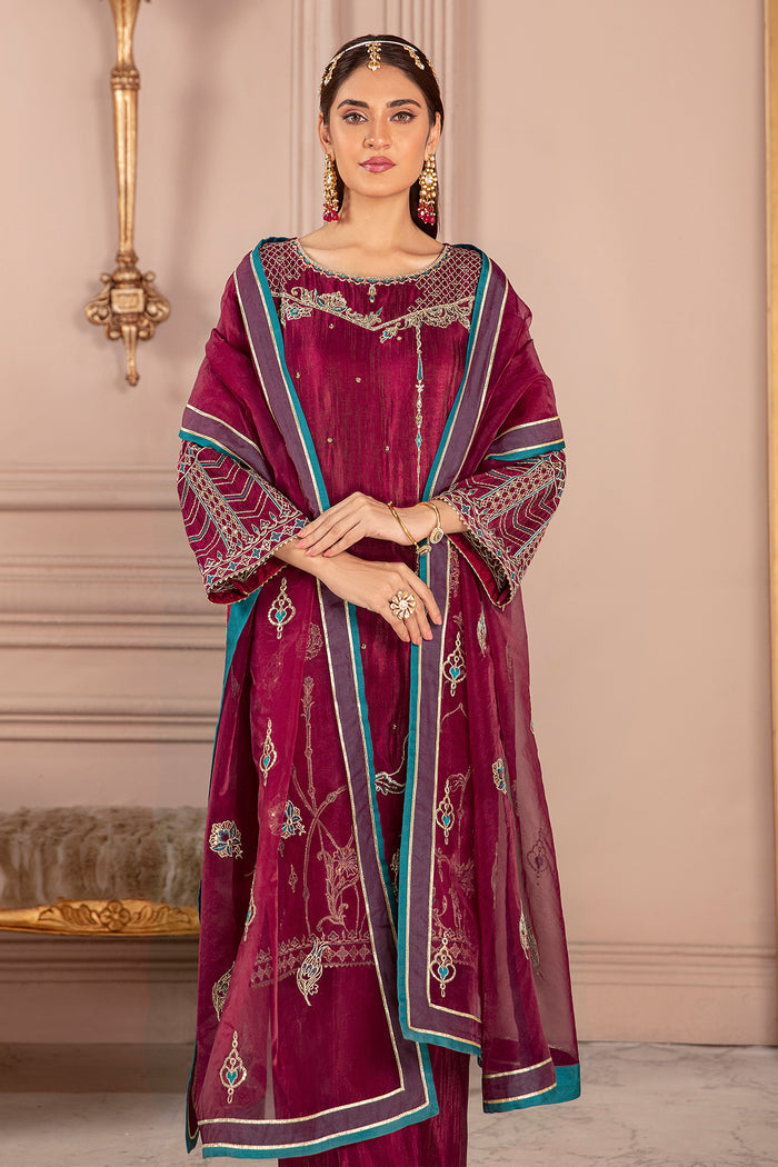 Front styling view of Erina outfit highlighting boat neckline embroidery and balanced silhouette, traditional ready to wear gathering attire.