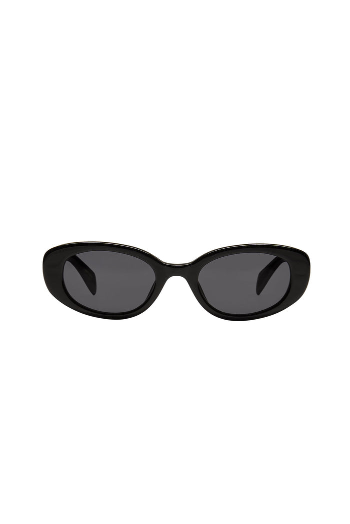 Black oval sunglasses with glossy frame and dark lenses on plain white background