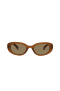 Brown oval sunglasses with translucent tortoiseshell frame, centered on white background