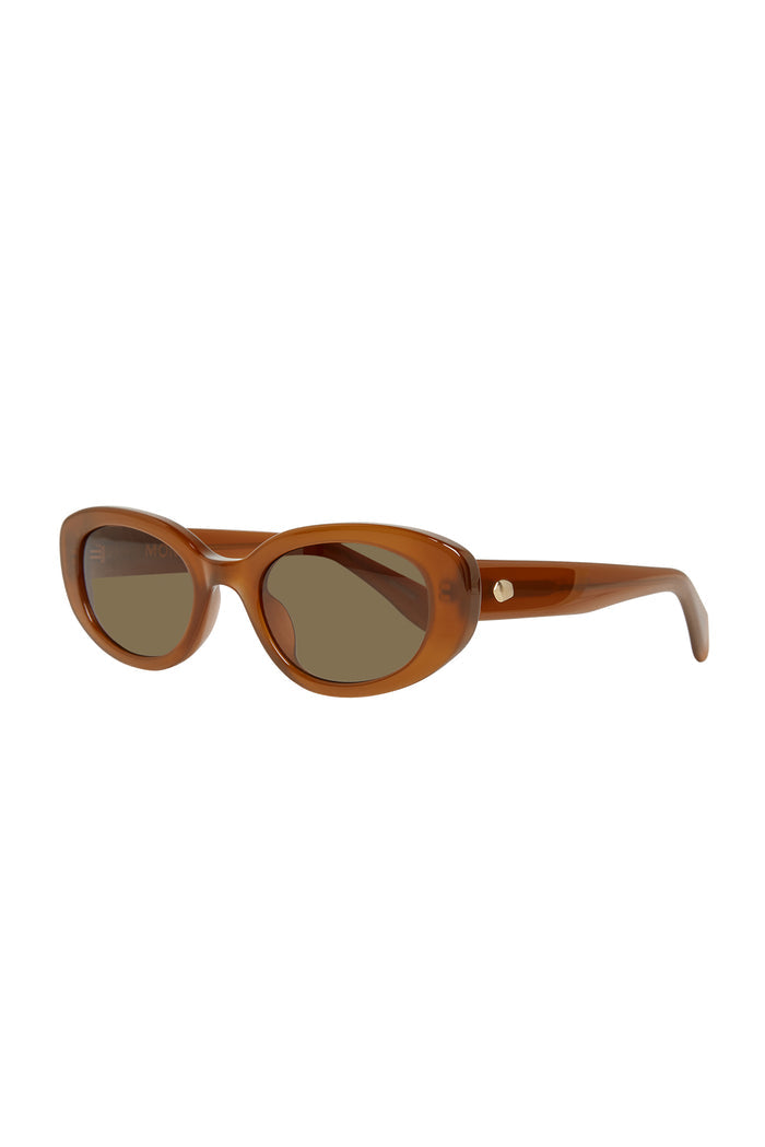 Brown cat‑eye sunglasses with oval lenses and small gold stud on temple, side angle on white background