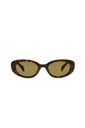 Tortoiseshell oval sunglasses with brown lenses on white background.