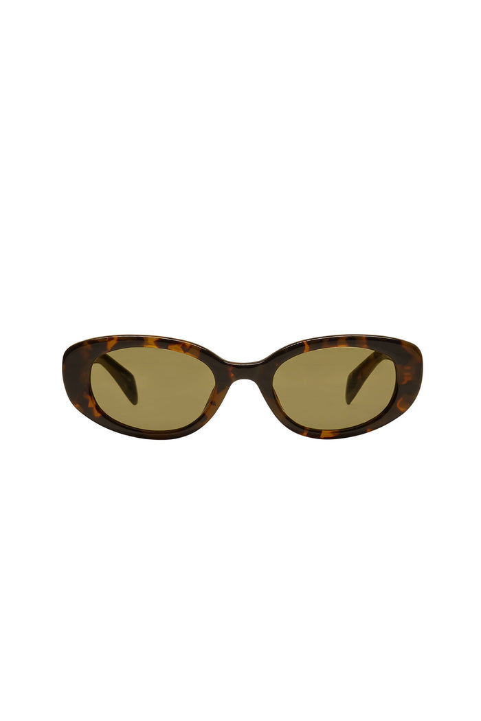 Tortoiseshell oval sunglasses with brown lenses on white background.