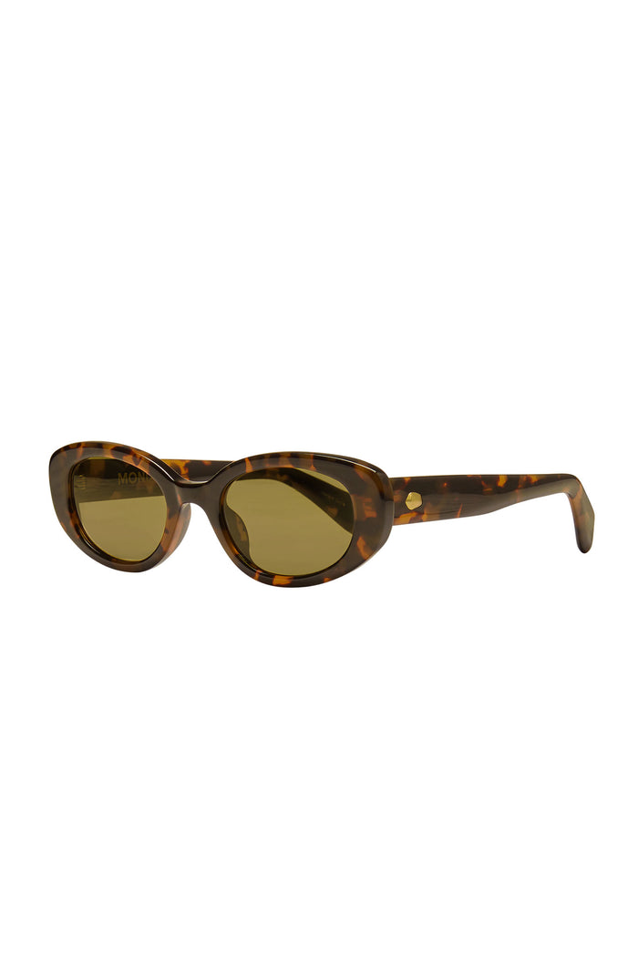 Tortoiseshell oval sunglasses with brown lenses and gold rivet on the temple, angled right