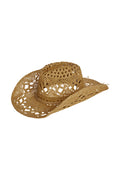 Front three-quarter view of Exuma rattan hat showing open crochet weave, floppy brim and braided band on white background