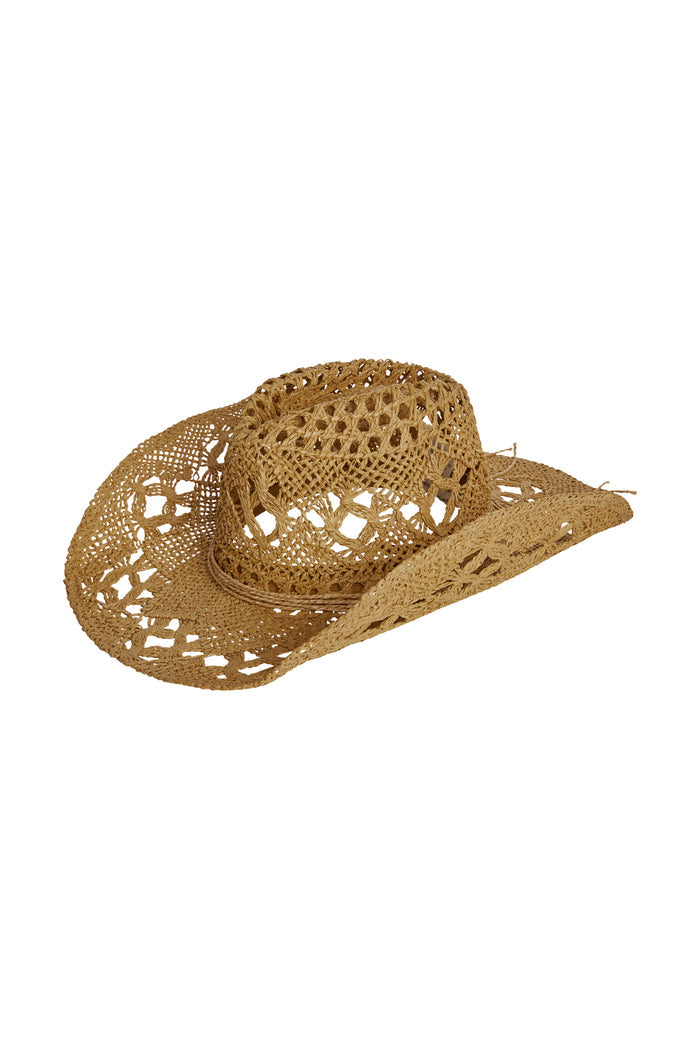 Front three-quarter view of Exuma rattan hat showing open crochet weave, floppy brim and braided band on white background