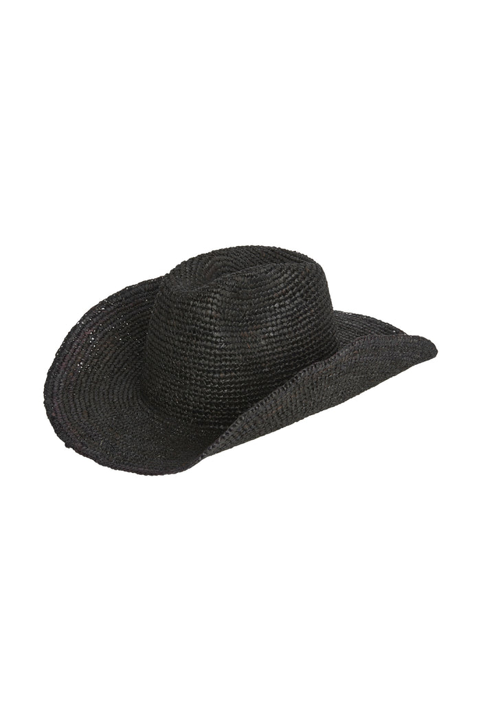 Front three-quarter view of Exuma raffia hat in black showcasing woven straw texture and wide brim on white background