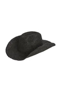 Front three-quarter view of Exuma raffia hat in black showcasing woven straw texture and wide brim on white background