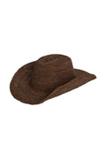 Three-quarter view of Exuma Raffia Hat in espresso showcasing woven raffia texture and wide floppy brim on white background