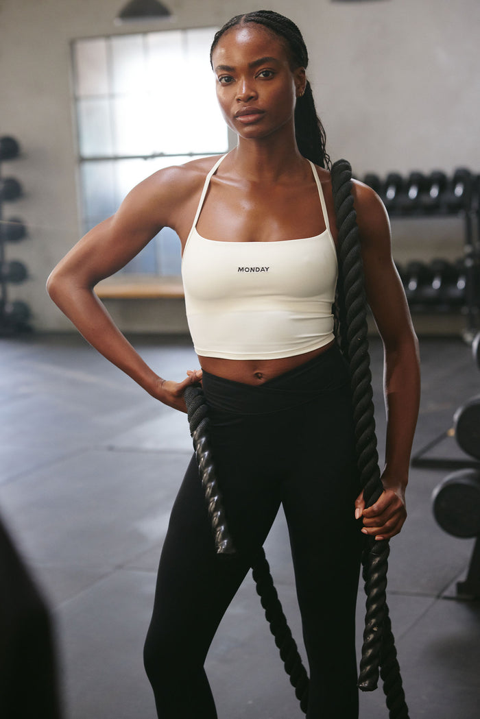 Front view of Fairfax Legging 27 inch in black showcasing high waist doubled V waistband and slim fit in gym