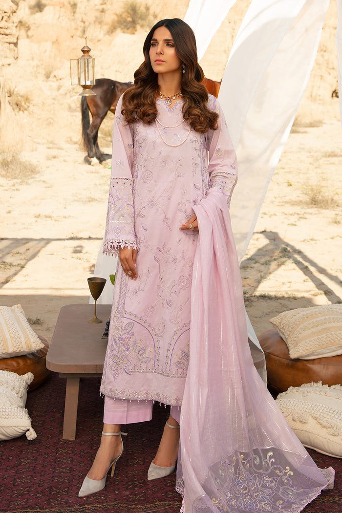 NAQSHI Farhang lavender 3PC ready-to-wear embroidered lawn suit with long shirt, cambric trousers and line cotton organza dupatta for semi formal events
