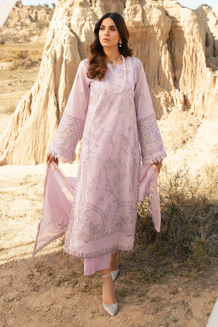 Full front view of Farhang lavender embroidered long lawn shirt with straight cambric trousers ready to wear women occasion outfit
