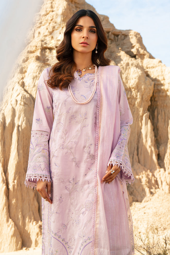 Close front view of lavender lawn embroidered shirt showing round neckline thread embroidery sequins and tilla work