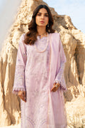 Close front view of lavender lawn embroidered shirt showing round neckline thread embroidery sequins and tilla work