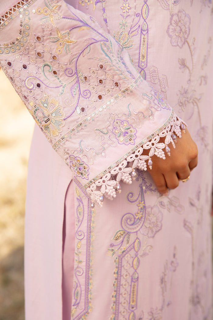 Detailed view of sleeve embroidery tassels and lace cuff on Farhang lavender lawn shirt ready to wear occasion dress