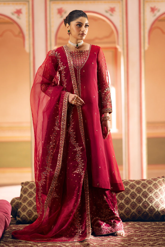 Front view of Ferisha wine-red organza frock with wide V-neckline and intricate embroidery and sequins