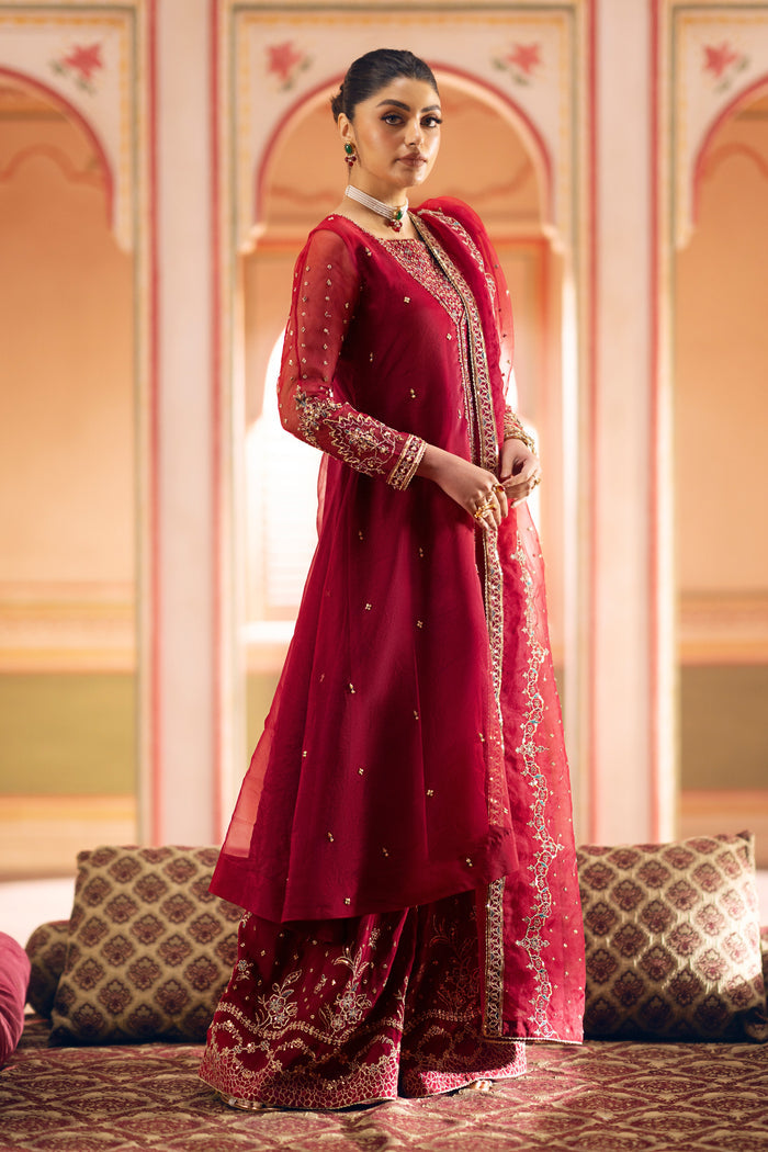 Back angle of wine-red organza frock highlighting A-line silhouette