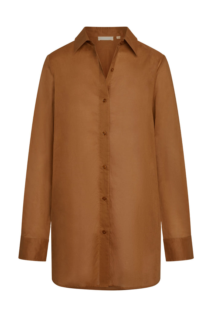 Front view of Fiji Tunic in caramel cotton voile showing collared button-front and long sleeves on white background