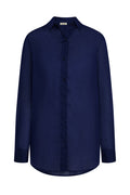Front of Fiji tunic in Midnight Cotton Voile, button-front, semi-sheer unlined tunic with side seam pockets and slits
