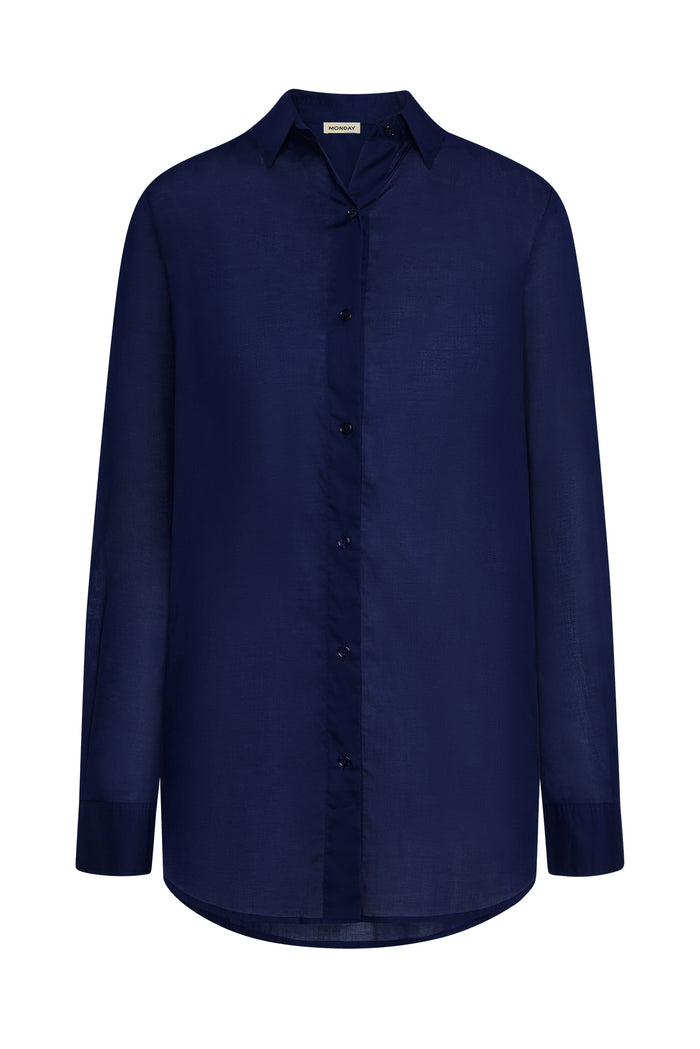 Front of Fiji tunic in Midnight Cotton Voile, button-front, semi-sheer unlined tunic with side seam pockets and slits