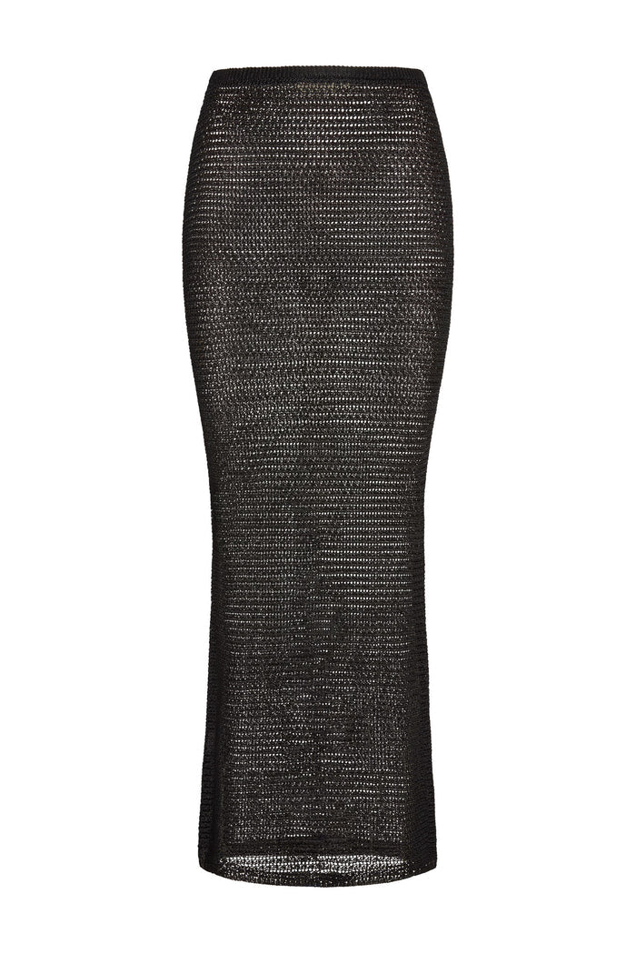 Front view of Fitted Fontelina midi skirt in Black Treble Knit showing sheer metallic open-knit and fitted hips on white