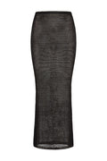 Front view of Fitted Fontelina midi skirt in Black Treble Knit showing sheer metallic open-knit and fitted hips on white
