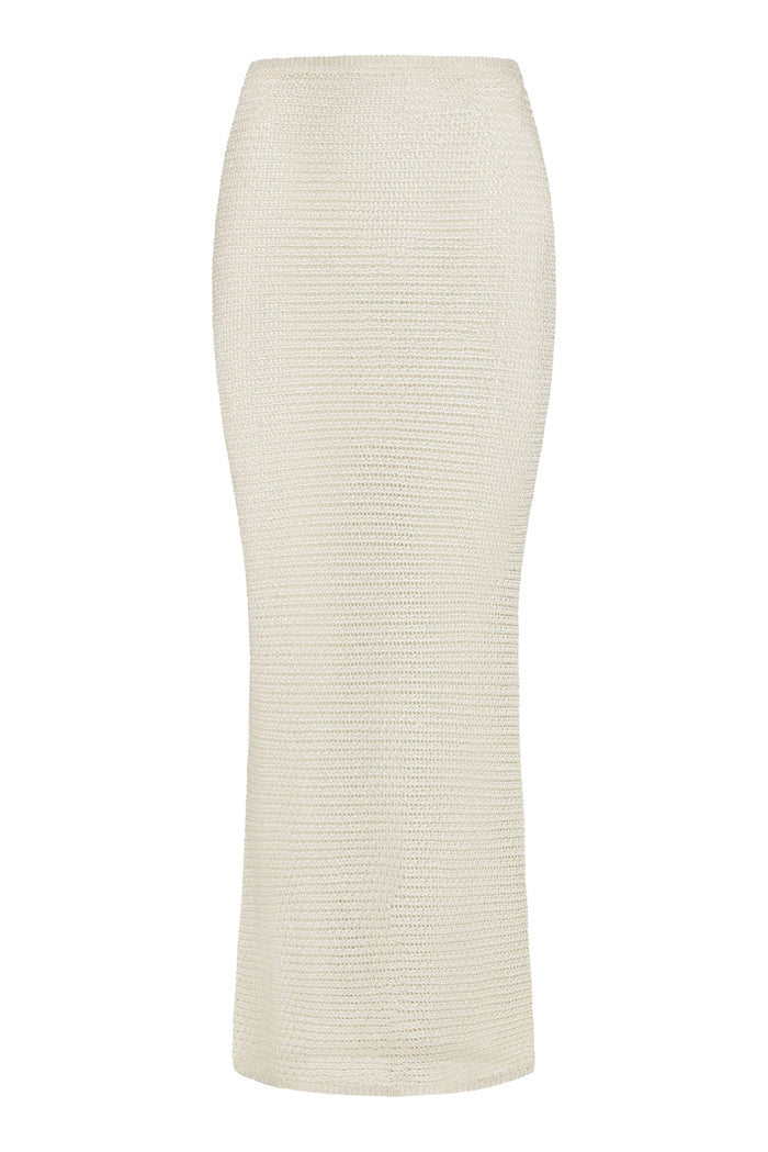 Front view of Fontelina midi skirt in ivory treble knit showing fitted high waist and ribbed knit texture on white background
