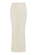 Front view of Fontelina midi skirt in ivory treble knit showing fitted high waist and ribbed knit texture on white background