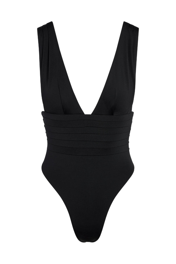 Black one-piece swimsuit with deep V-neck, wide straps, banded ribbed waist and high-cut leg.