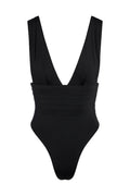 Black one-piece swimsuit with deep V-neck, wide straps, banded ribbed waist and high-cut leg.