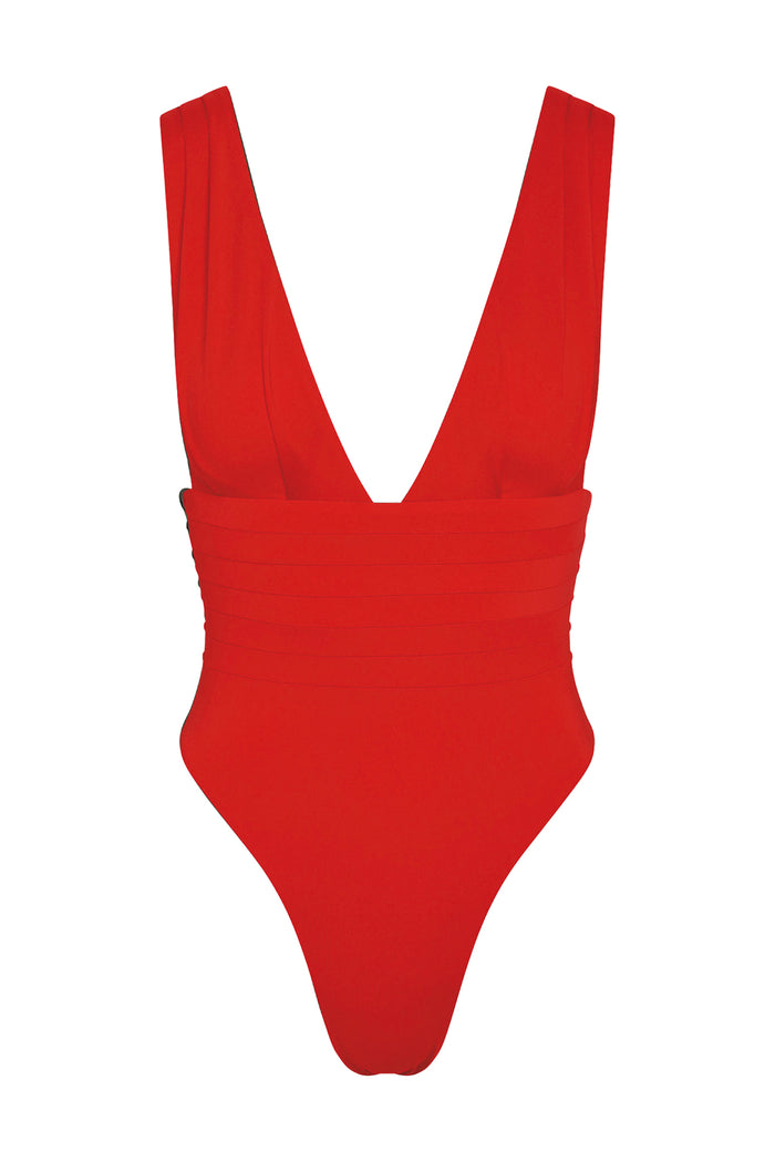 Front of Florence One Piece in Chili Pepper showing deep V-neck, pleated waist and high-cut leg on white background