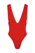 Front of Florence One Piece in Chili Pepper showing deep V-neck, pleated waist and high-cut leg on white background