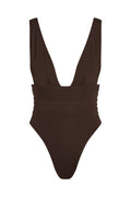Front view of Florence One Piece in Espresso showing deep V neckline, pleated waistband, wide adjustable straps on white background