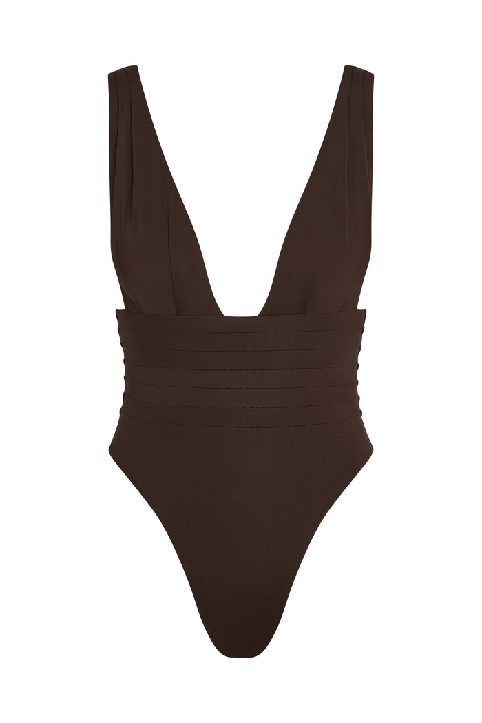 Front view of Florence One Piece in Espresso showing deep V neckline, pleated waistband, wide adjustable straps on white background