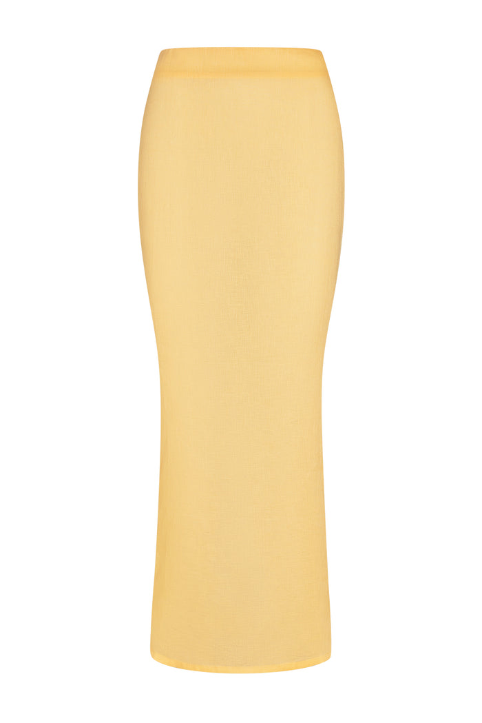 Front view of Fontelina Linen Skirt in Honey showcasing a high-waist fitted midi pencil silhouette in linen on white background