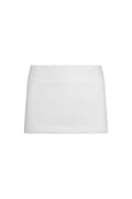 Front view of Fontelina mini skirt in white linen showing high-rise waist and mini length on white background